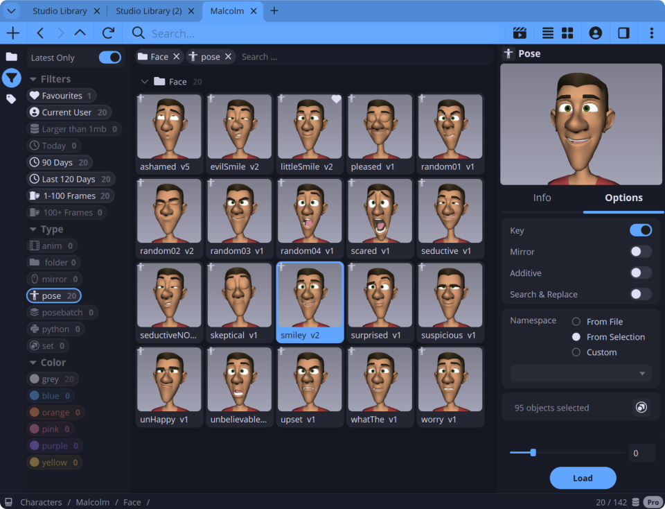 Studio Library Pro interface showing an animation library with the Malcolm character